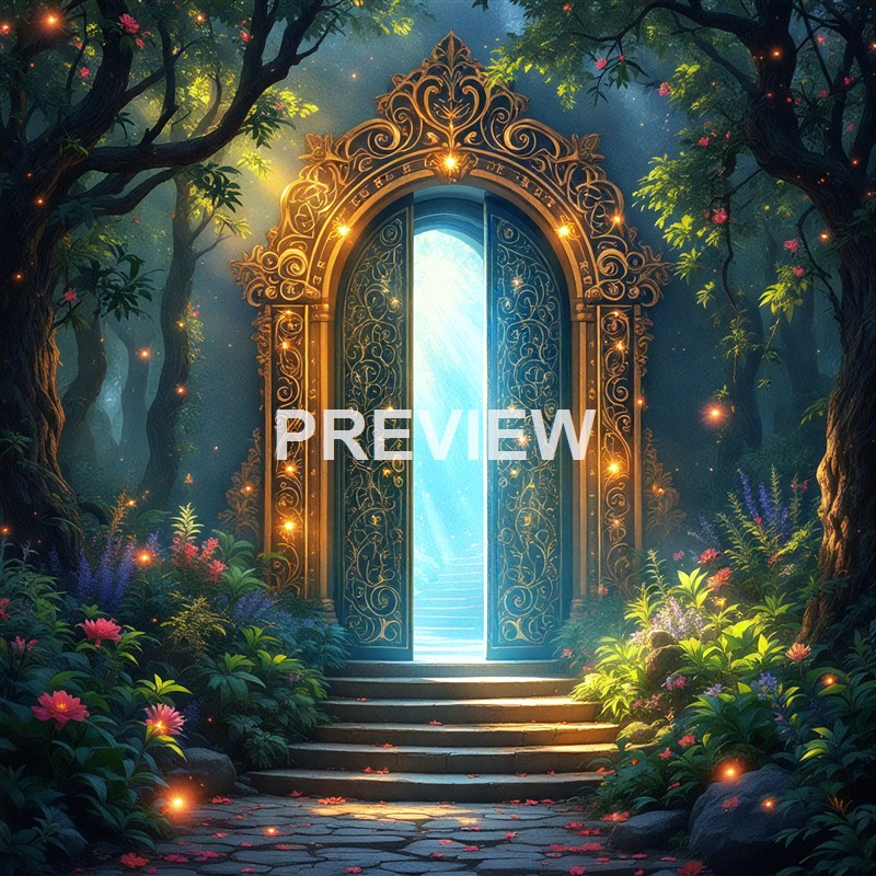 An ornate, glowing gate with intricate gold patterns stands open amidst a lush, enchanted forest with vibrant flowers and trees, revealing a bright, mystical light beyond.